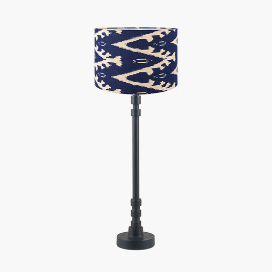 Rhode Matt Black Stick Metal Table Lamp Base with Lars 30cm Ocean Blue Ikat Patterned Cylinder Lampshade