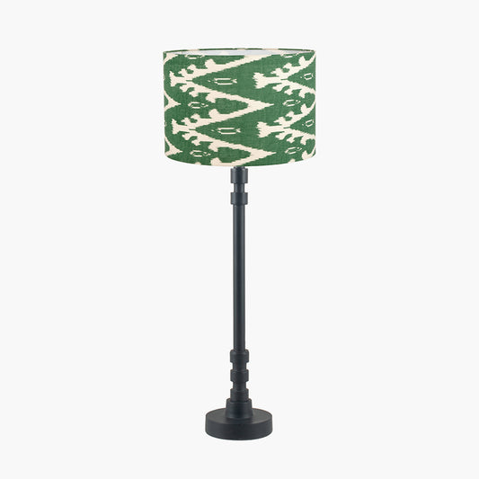 Rhode Matt Black Stick Metal Table Lamp Base with Lars 30cm Racing Green Ikat Patterned Cylinder Lampshade