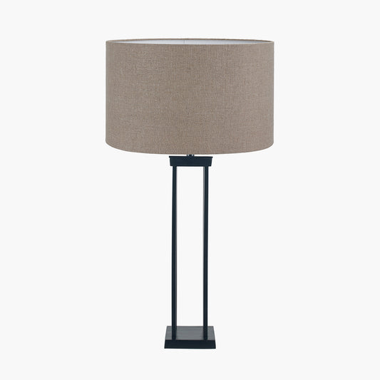 Langston Matt Black Metal Column Table Lamp Base with Edward 40cm Natural Linen Cylinder Lampshade