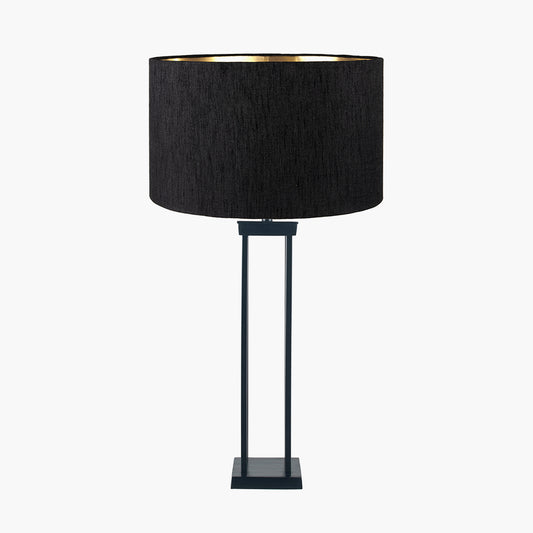 Langston Matt Black Metal Column Table Lamp Base with Stellan 40cm Black Slubbed Silk Mix Gold Lined Cylinder Lampshade