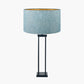 Langston Matt Black Metal Column Table Lamp Base with Stellan 40cm Duck Egg Slubbed Silk Mix Gold Lined Cylinder Lampshade