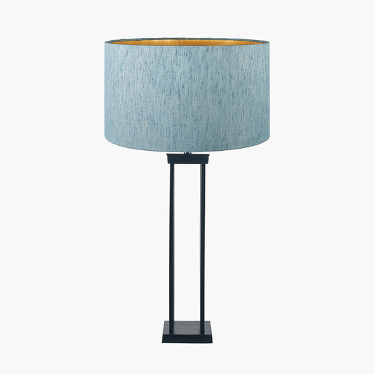 Langston Matt Black Metal Column Table Lamp Base with Stellan 40cm Duck Egg Slubbed Silk Mix Gold Lined Cylinder Lampshade