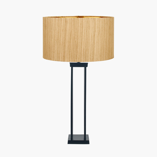 Langston Matt Black Metal Column Table Lamp Base with Stellan 40cm Gold Slubbed Silk Mix Gold Lined Cylinder Lampshade