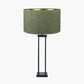 Langston Matt Black Metal Column Table Lamp Base with Stellan 40cm Green Slubbed Silk Mix Gold Lined Cylinder Lampshade