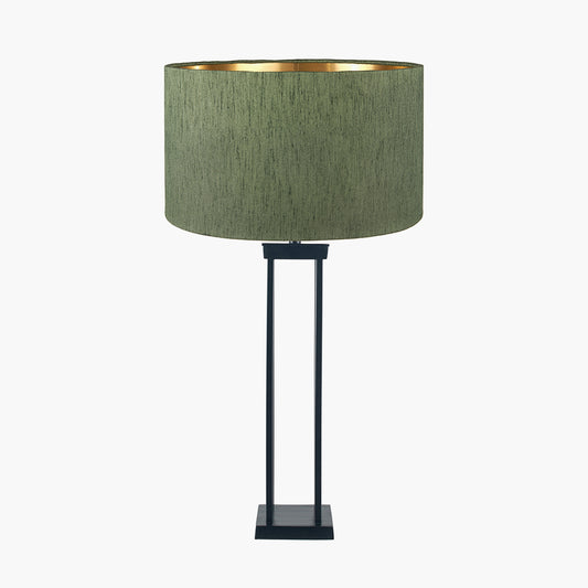 Langston Matt Black Metal Column Table Lamp Base with Stellan 40cm Green Slubbed Silk Mix Gold Lined Cylinder Lampshade