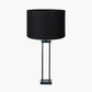 Langston Matt Black Metal Column Table Lamp Base with Lino 40cm Black Self Lined Linen Cylinder Lampshade