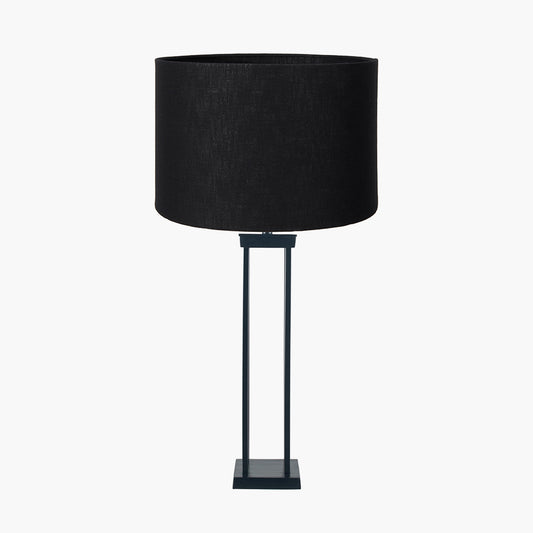 Langston Matt Black Metal Column Table Lamp Base with Lino 40cm Black Self Lined Linen Cylinder Lampshade