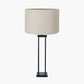 Langston Matt Black Metal Column Table Lamp Base with Lino 40cm Grey Self Lined Linen Cylinder Lampshade