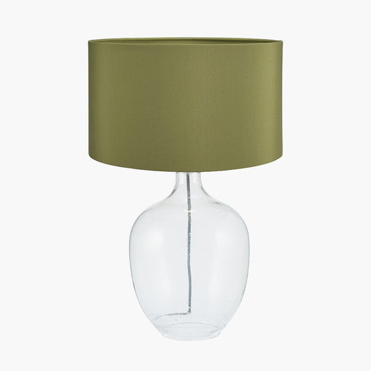 Islay Clear Bubble Glass Table Lamp Base with Harry 40cm Sage Cotton Mix Cylinder Lampshade