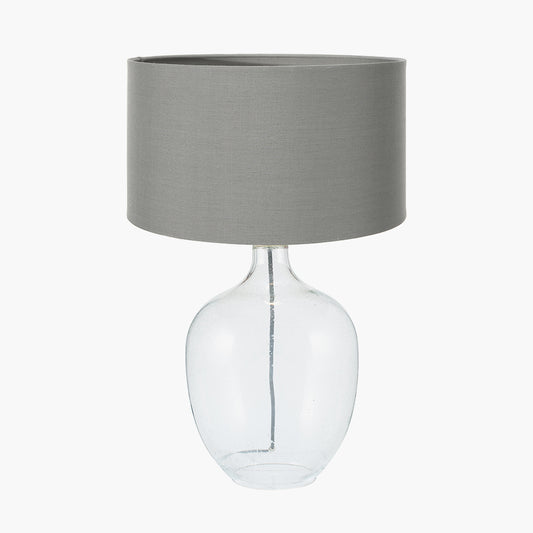 Islay Clear Bubble Glass Table Lamp Base with Harry 40cm Steel Grey Cotton Mix Cylinder Lampshade