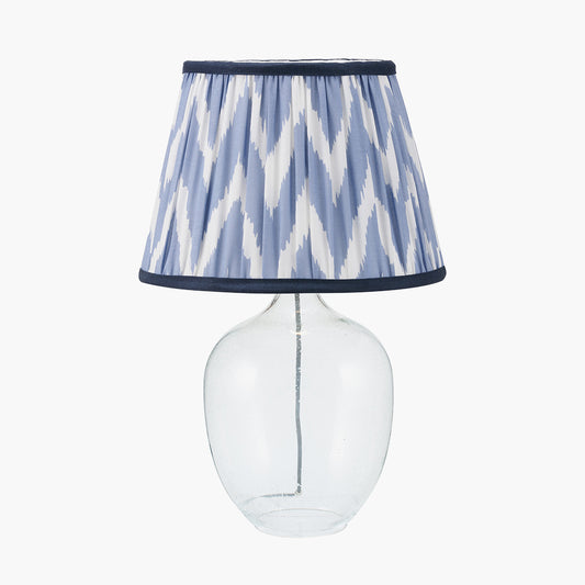 Islay Clear Bubble Glass Table Lamp Base with Kamilah 40cm Blue Chevron Patterned Mushroom Pleat Tapered Lamp Shade