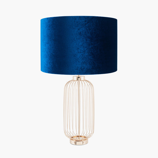 Dania French Gold Metal Wire Tall Table Lamp Base with Bow 40cm Sapphire Velvet Cylinder Lampshade