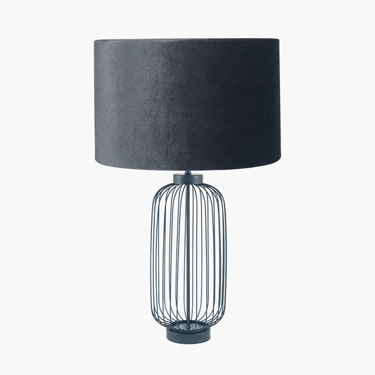 Dania Matt Black Metal Wire Tall Table Lamp Base with Bow 40cm Slate Velvet Cylinder Lampshade