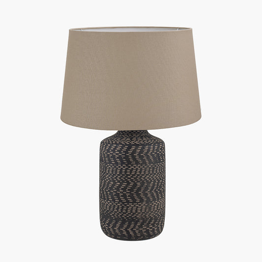 Atouk Textured Black Stoneware Table Lamp Base with Winston 35cm Taupe Handloom Tapered Lampshade