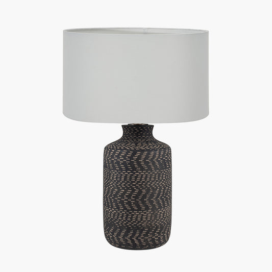 Atouk Textured Black Stoneware Table Lamp Base with Harry 35cm Ivory Cotton Mix Cylinder Lampshade