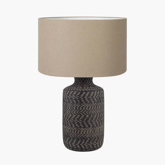 Atouk Textured Black Stoneware Table Lamp Base with Henry 35cm Taupe Handloom Cylinder Lampshade