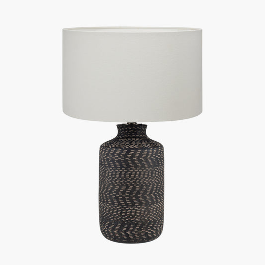 Atouk Textured Black Stoneware Table Lamp Base with Henry 35cm White Handloom Cylinder Lampshade