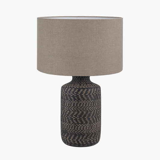 Atouk Textured Black Stoneware Table Lamp Base with Edward 35cm Natural Linen Cylinder Lampshade