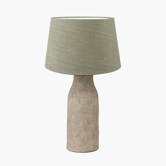 Palawan Stone Grey Feather Stoneware Table Lamp Base with Milos 40cm Pistachio Green Linen Tapered Lampshade