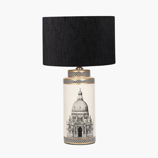 Wren Black and Cream Building Print Tall Ceramic Table Lamp Base with Stellan 40cm Black Slubbed Silk Mix Gold Lined Cylinder Lampshade