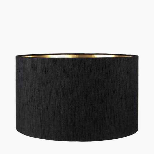 Wren Black and Cream Building Print Tall Ceramic Table Lamp Base with Stellan 40cm Black Slubbed Silk Mix Gold Lined Cylinder Lampshade