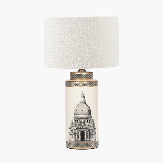 Wren Black and Cream Building Print Tall Ceramic Table Lamp Base with Rouen 40cm White Boucle Cylinder Lampshade