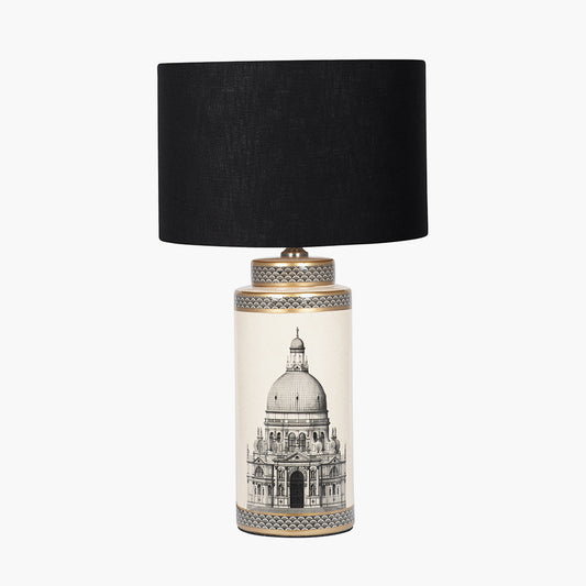 Wren Black and Cream Building Print Tall Ceramic Table Lamp Base with Lino 40cm Black Self Lined Linen Cylinder Lampshade
