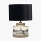 Wren Black and Cream Building Print Ceramic Table Lamp Base with Bow 30cm Black Velvet Cylinder Lampshade
