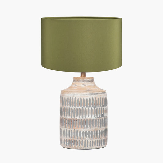 Galle Grey Wash Wood Textured Table Lamp Base with Harry 30cm Sage Cotton Mix Cylinder Lampshade