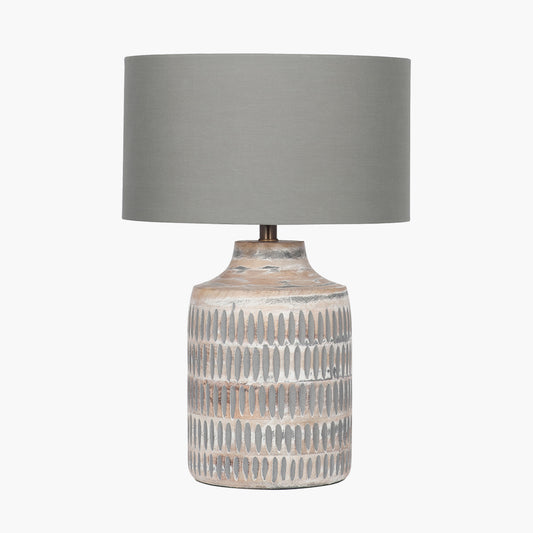 Galle Grey Wash Wood Textured Table Lamp Base with Harry 30cm Steel Grey Cotton Mix Cylinder Lampshade