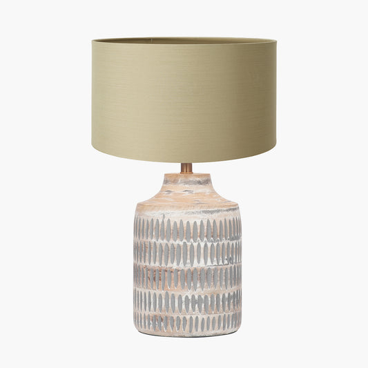 Galle Grey Wash Wood Textured Table Lamp Base with Harry 30cm Taupe Cotton Mix Cylinder Lampshade