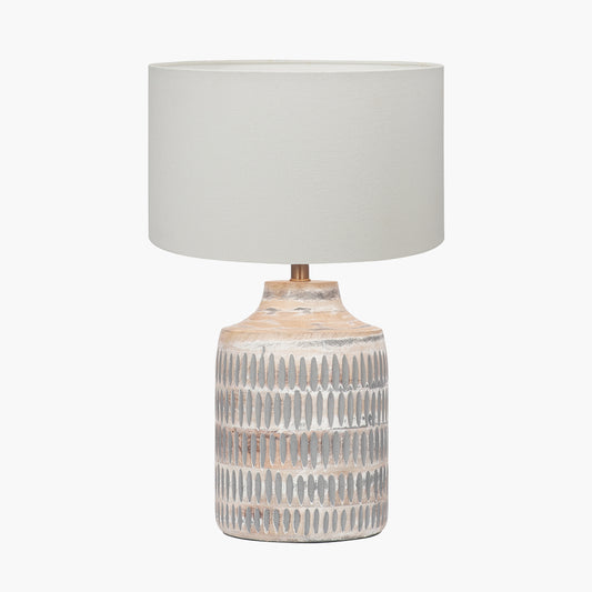 Galle Grey Wash Wood Textured Table Lamp Base with Henry 30cm White Handloom Cylinder Lampshade