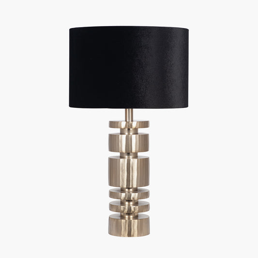 Elon Champagne Gold Metal Stacked Cylinder Table Lamp Base with Bow 35cm Black Velvet Cylinder Lampshade
