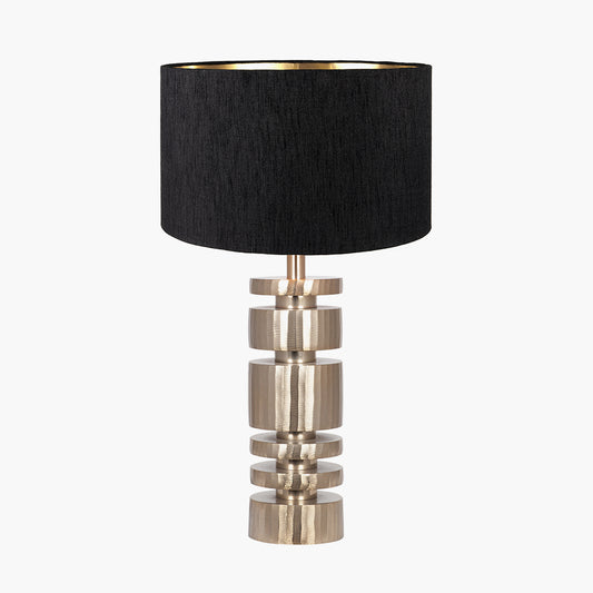 Elon Champagne Gold Metal Stacked Cylinder Table Lamp Base with Stellan 35cm Black Slubbed  Silk Mix Gold Lined Cylinder Lampshade