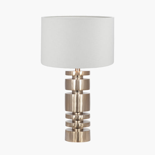 Elon Champagne Gold Metal Stacked Cylinder Table Lamp Base with Lino 35cm White Self Lined Linen Cylinder Lampshade