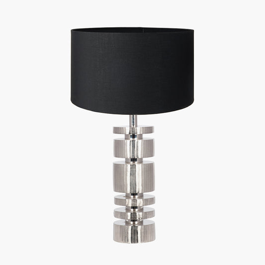 Elon Silver Metal Stacked Cylinder Table Lamp Base with Harry 35cm Black Cotton Mix Cylinder Lampshade