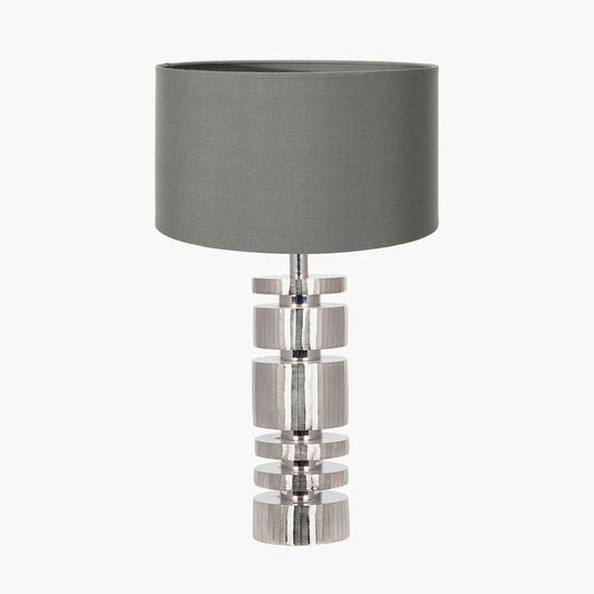 Elon Silver Metal Stacked Cylinder Table Lamp Base with Harry 35cm Steel Grey Cotton Mix Cylinder Lampshade