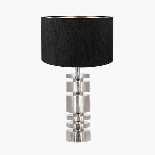 Elon Silver Metal Stacked Cylinder Table Lamp Base with Stellan 35cm Black Slubbed  Silk Mix Gold Lined Cylinder Lampshade
