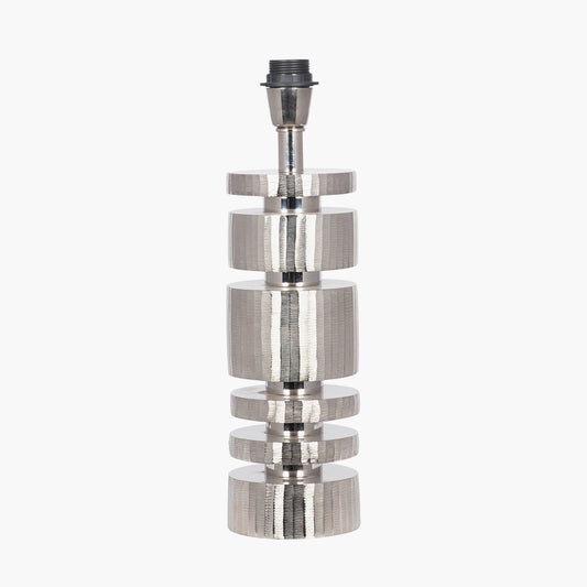 Elon Silver Metal Stacked Cylinder Table Lamp Base with Stellan 35cm Black Slubbed  Silk Mix Gold Lined Cylinder Lampshade