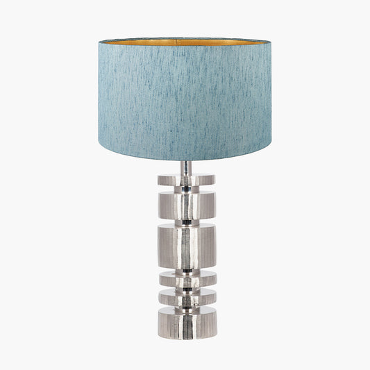 Elon Silver Metal Stacked Cylinder Table Lamp Base with Stellan 35cm Duck Egg Slubbed Silk Mix Gold Lined Cylinder Lampshade
