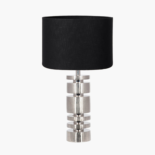 Elon Silver Metal Stacked Cylinder Table Lamp Base with Lino 35cm Black Self Lined Linen Cylinder Lampshade