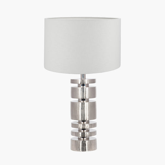 Elon Silver Metal Stacked Cylinder Table Lamp Base with Lino 35cm White Self Lined Linen Cylinder Lampshade