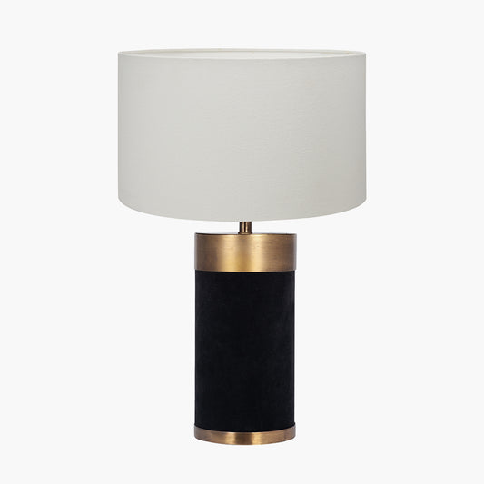 Dempsey Black Velvet and Antique Gold Metal Table Lamp Base with Henry 30cm White Handloom Cylinder Lampshade