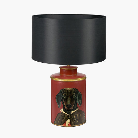 Dachshund Red Hand Painted Metal Table Lamp Base with Zara 40cm Black Silk Cylinder Lampshade