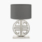 Orla Shiny Silver Metal Statement Circle Table Lamp Base with Mia 35cm Steel Grey Oval Cotton Mix Lampshade