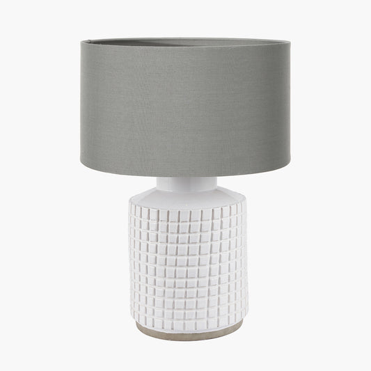 Malone Textured White Squares Design Stoneware Table Lamp Base with Harry 35cm Steel Grey Cotton Mix Cylinder Lampshade