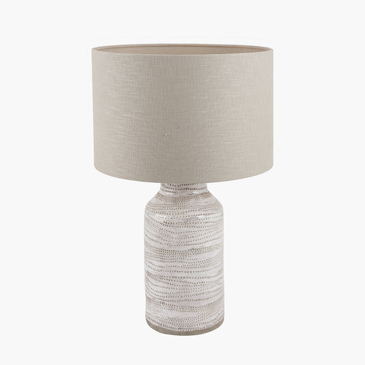 Alina White Dot Design Stoneware Table Lamp Base with Lino 30cm Grey Self Lined Linen Cylinder Lampshade