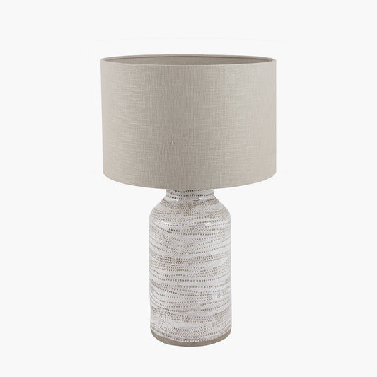 Alina White Dot Design Stoneware Table Lamp Base with Lino 30cm Grey Self Lined Linen Cylinder Lampshade