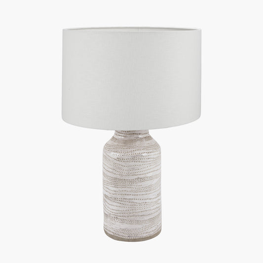Alina White Dot Design Stoneware Table Lamp Base with Lino 30cm White Self Lined Linen Cylinder Lampshade