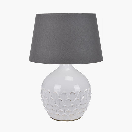 Willow White Leaf Detail Stoneware Table Lamp Base with Lys 40cm Steel Grey Self Lined Linen Tapered Lampshade